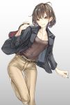  1girl ahoge bag beige_pants belt black_jacket breasts brown_eyes brown_hair brown_shirt feet_out_of_frame formal highres holding holding_bag jacket looking_at_viewer nail_polish office_lady original shirt short_hair simple_background small_breasts smile solo suit sun_(sunsun28) white_background 