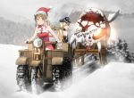  3girls annin_musou antlers bare_shoulders bell bismarck_(kantai_collection) blonde_hair blue_eyes blush brown_eyes brown_gloves brown_hair christmas commentary_request detached_sleeves driving enemy_aircraft_(kantai_collection) eyebrows_visible_through_hair fairy_(kantai_collection) fringe_trim fur_trim glasses gloves grey_hair ground_vehicle hair_between_eyes half-track hat kantai_collection kettenkrad littorio_(kantai_collection) long_hair military military_uniform motor_vehicle multiple_girls open_mouth peaked_cap pince-nez pom_pom_(clothes) reindeer_antlers roma_(kantai_collection) santa_costume santa_hat scarf shinkaisei-kan smile snow snowing snowman striped striped_scarf the_roma-like_snowman uniform white_gloves 