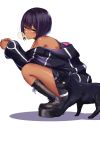  1girl bangs bare_shoulders black_cat blush boots bubble_blowing cat dark_skin from_side high_heel_boots high_heels highres long_sleeves looking_at_viewer looking_to_the_side off_shoulder original quibi-chan short_hair simple_background spider_apple squatting yellow_eyes 