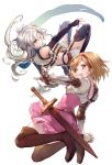  2girls achan_(blue_semi) back belt black_gloves black_legwear blonde_hair blue_scarf boots breasts bridal_gauntlets brown_eyes brown_footwear cropped_jacket crossover djeeta_(granblue_fantasy) dress eiyuu_densetsu fie_claussell floating full_body gauntlets gloves granblue_fantasy green_eyes hairband high-waist_skirt highres long_hair looking_at_viewer midriff miniskirt multiple_girls navel open_mouth outstretched_arm pink_skirt scabbard scarf sen_no_kiseki sheath sheathed short_hair shoulder_armor silver_hair simple_background skirt skirt_set sleeveless small_breasts smile sword thigh-highs thigh_boots weapon white_background zettai_ryouiki 