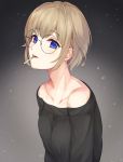  1girl absurdres angdo_(kakajo26) bangs bare_shoulders black_sweater blue_eyes breasts brown_hair cigarette collarbone commentary_request eyebrows_visible_through_hair glasses highres looking_at_viewer medium_breasts open_mouth original short_hair smile smoking sweater 