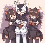  3girls animal_ears aticotta australian_devil_(kemono_friends) bare_shoulders blackbuck_(kemono_friends) bow bowtie elbow_gloves eyepatch fang gloves gradient_hair highres horns kemono_friends kemono_friends_3 long_hair multicolored_hair multiple_girls open_mouth short_hair smile sparkle tasmanian_devil_(kemono_friends) tasmanian_devil_ears tasmanian_devil_tail 