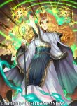  1girl blonde_hair bracelet company_name copyright_name dress edain_(fire_emblem) fire_emblem fire_emblem:_genealogy_of_the_holy_war fire_emblem_cipher holding holding_staff jewelry long_hair long_sleeves official_art parted_lips solo staff tenshu_(mighto) wide_sleeves yellow_eyes 