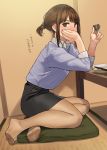  1girl black_skirt blush brown_eyes brown_hair brown_legwear chopsticks collared_shirt commentary_request cup hand_on_own_cheek highres holding holding_cup indoors looking_at_viewer no_shoes office_lady original pantyhose shirt sitting skirt solo table translation_request yomu_(sgt_epper) 