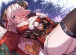  1girl alternate_costume black_footwear black_gloves blue_eyes blush boots bow braid breasts detached_sleeves draph dress fur-trimmed_dress gloves granblue_fantasy hair_ornament hair_over_one_eye highres horns large_breasts long_hair looking_at_viewer narmaya_(granblue_fantasy) pink_hair pointy_ears red_dress santa_costume sash siu_(siu0207) smile solo thigh-highs thigh_boots thighs 