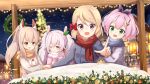  4girls :d ;) ame. animal_ears ayanami_(azur_lane) azur_lane bangs black_ribbon blue_scarf blush bow breath brown_jacket brown_scarf christmas christmas_ornaments christmas_tree christmas_wreath closed_mouth commentary_request eyebrows_visible_through_hair fringe_trim green_eyes grey_jacket hair_between_eyes hair_bow hair_ornament hair_ribbon headgear high_ponytail jacket javelin_(azur_lane) laffey_(azur_lane) light_brown_hair long_sleeves looking_at_viewer multiple_girls night night_sky one_eye_closed open_mouth outdoors pink_hair pink_jacket pointing ponytail rabbit_ears red_bow red_eyes red_scarf ribbon scarf sidelocks silver_hair sky smile snow snowing star star_hair_ornament twintails violet_eyes z23_(azur_lane) 