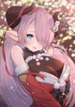  1girl bare_shoulders blue_eyes blush braid breasts detached_sleeves draph fang fur_trim granblue_fantasy hair_ornament hair_over_one_eye hairclip highres horns large_breasts lips long_hair looking_at_viewer mistletoe narmaya_(granblue_fantasy) obi parted_lips pointy_ears pom_pom_(clothes) red_ribbon ribbon sash smile snowman_hair_ornament solo uneg upper_body 