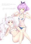  2girls akin_(asada0825p) animal_ears ass azur_lane bangs bare_arms bare_shoulders bikini bikini_under_clothes blue_bikini blush breasts collarbone eyebrows_visible_through_hair fake_animal_ears green_eyes hair_between_eyes hair_ribbon highres javelin_(azur_lane) laffey_(azur_lane) lavender_hair long_hair looking_at_viewer multiple_girls navel open_mouth purple_hair purple_ribbon rabbit_ears red_eyes ribbon see-through shirt short_hair sidelocks simple_background small_breasts smile stomach swimsuit tank_top twintails wet wet_clothes wet_shirt wet_t-shirt white_background 