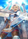  1girl arm_guards armor armored_boots armored_dress blonde_hair blue_eyes boots breasts brown_gloves building catherine_(fire_emblem) clouds cloudy_sky dark_skin day dress fire_emblem fire_emblem:_three_houses fire_emblem_cipher foreshortening from_below glint gloves hair_ribbon leather leather_gloves medium_breasts official_art open_mouth outdoors pantyhose ponytail red_legwear ribbon scabbard sheath short_dress short_hair shoulder_armor sky smile solo sunlight sword thigh-highs thigh_boots tvzyon unsheathed watermark weapon 