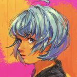  ahoge androgynous bangs black_clothes blue_hair from_side highres kaorkto multicolored multicolored_background open_mouth original portrait short_hair sketch solo 