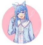  1girl 2019 :d ahoge animal_ear_fluff animal_ears animare balloon bangs blue_eyes blue_hair blue_jacket blush braid collared_dress dress ear_piercing eyebrows_visible_through_hair head_tilt ittokyu jacket long_hair long_sleeves looking_at_viewer open_clothes open_jacket open_mouth piercing pinching_sleeves plaid plaid_dress signature sleeves_past_wrists smile solo souya_ichika star upper_body virtual_youtuber white_dress 