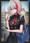 1girl admiral_graf_spee_(azur_lane) admiral_graf_spee_(maiden&#039;s_sunday)_(azur_lane) azur_lane bag bangs black_dress blue_eyes blurry blurry_background breasts bugles cellphone closed_mouth collared_dress depth_of_field dress eyebrows_visible_through_hair food grey_hair hair_between_eyes holding holding_cellphone holding_food holding_phone looking_at_viewer multicolored_hair necktie oshishio phone red_neckwear redhead school_bag short_necktie short_sleeves small_breasts solo streaked_hair translation_request upper_body 