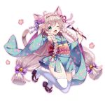  1girl ;3 ;d animal_ear_fluff animal_ears bell black_footwear blue_kimono blue_sleeves blush bow braid brown_hair calligraphy_brush cat_ears cat_girl cat_tail commentary_request fangs floral_print flower full_body hair_bell hair_bow hair_flower hair_ornament holding holding_paintbrush japanese_clothes jingle_bell kimono long_sleeves obi one_eye_closed open_mouth original paintbrush paw_pose pink_flower pink_outline print_kimono purple_bow reimin ribbon-trimmed_legwear ribbon_trim sash sleeveless sleeveless_kimono smile solo tail thigh-highs twin_braids white_background white_legwear wide_sleeves zouri 