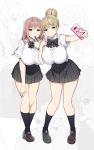  2girls black_legwear blonde_hair blue_eyes bow bowtie breasts brown_eyes bubble_tea cellphone drinking drinking_straw highres kneehighs large_breasts loafers long_hair multiple_girls original phone pink_hair pleated_skirt school_uniform shoes skirt sky_(freedom) smartphone v zoom_layer 