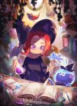  1girl black_dress black_headwear blurry blurry_foreground book broom calligraphy_brush commentary depth_of_field dress erlenmeyer_flask feathers flower flower_pot gem hat highres holding holding_flower indoors inkling_(language) inkwell jellyfish_(splatoon) leaf light_particles long_sleeves magic_circle makeup mascara medium_hair needle octoling paintbrush parted_lips plant potion redhead splat_bomb_(splatoon) splatoon_(series) spoon suction_cups sunlight tentacle_hair vial violet_eyes window witch witch_hat yamagishi_chihiro 