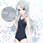  artist_name breasts character_name collarbone floral_background inaba_shiki kantai_collection long_hair sagiri_(kantai_collection) school_swimsuit silver_hair small_breasts swimsuit violet_eyes 