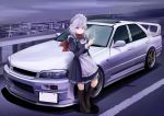  1girl 3books absurdres apron bangs black_footwear blue_dress blue_eyes boots breasts car cigarette commentary_request dress eyebrows_visible_through_hair frilled_apron frills full_body ground_vehicle hair_between_eyes hand_up highres holding holding_cigarette izayoi_sakuya juliet_sleeves long_sleeves looking_at_viewer maid maid_apron maid_headdress medium_breasts motor_vehicle outdoors partial_commentary perfect_cherry_blossom petticoat puffy_sleeves railing red_scarf road scarf shadow short_hair silver_hair smoke solo standing touhou waist_apron white_apron 