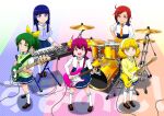  5girls aoki_reika background_text bangs bass_guitar blonde_hair blue_dress blue_eyes blue_hair blue_necktie blue_shirt blunt_bangs brown_footwear cardigan closed_mouth clothes_around_waist commentary_request dress drum drum_set drumsticks electric_guitar green_eyes green_hair green_necktie green_sweater guitar hair_ornament hair_ribbon hairband hand_on_hip highres hime_cut hino_akane hino_akane_(smile_precure!) holding holding_drumsticks holding_instrument hoshizora_miyuki instrument k-on! keyboard_(instrument) kise_yayoi kneehighs layered_sleeves loafers long_sleeves looking_at_viewer medium_hair midorikawa_nao multiple_girls necktie open_mouth orange_necktie parody partial_commentary pink_eyes pink_hair pink_necktie pleated_dress ponytail precure red_eyes redhead ribbon satou_yasu shadow shirt shoes short_dress short_hair short_over_long_sleeves short_sleeves short_twintails sidelocks single_horizontal_stripe sitting sleeves_rolled_up smile smile_precure! standing straight_hair sweater sweater_vest swept_bangs twintails v-neck white_hairband white_legwear x_hair_ornament yellow_cardigan yellow_eyes yellow_necktie yellow_ribbon 