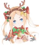  1girl abigail_williams_(fate/grand_order) animal_ear_fluff animal_ears antlers bangs black_bow blonde_hair blue_eyes bow brown_hairband commentary english_commentary fake_animal_ears fake_antlers fate/grand_order fate_(series) forehead hair_bow hairband highres long_hair looking_at_viewer nakor. parted_bangs parted_lips red_bow reindeer_antlers reindeer_ears sidelocks simple_background solo stuffed_animal stuffed_toy teddy_bear twintails upper_body white_background yellow_bow 