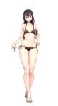  1girl alternate_costume bangs bare_arms bare_legs bare_shoulders bikini bikini_pull black_bikini black_hair blue_eyes blush breasts collarbone commentary_request eyebrows_visible_through_hair flip-flops full_body glasses hairband highres holding kantai_collection long_hair looking_at_viewer navel ooyodo_(kantai_collection) open_mouth sandals side-tie_bikini simple_background skindentation small_breasts smile solo standing swimsuit white_background yuuji_(and) 