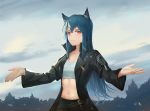  1girl animal_ear_fluff animal_ears arknights bangs belt black_belt black_jacket blue_hair chinese_commentary collarbone commentary_request cowboy_shot crop_top er_tu hair_between_eyes jacket long_hair long_sleeves looking_at_viewer midriff navel open_clothes open_jacket outdoors parted_bangs partial_commentary red_eyes shirt sidelocks solo standing stomach texas_(arknights) white_shirt wide_sleeves wolf_ears 
