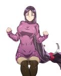  1girl bangs breasts casual contemporary fate/grand_order fate_(series) ghgnvm highres large_breasts long_hair looking_at_viewer low-tied_long_hair minamoto_no_raikou_(fate/grand_order) pantyhose parted_bangs purple_hair ribbed_sleeves skirt smile solo sweater very_long_hair violet_eyes 