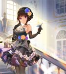  1girl bang_dream! bangs black_choker black_dress black_gloves black_hair black_legwear blue_butterfly blue_flower blunt_bangs blurry_foreground braid breasts butterfly_on_finger butterfly_on_hand choker commentary cowboy_shot dress elbow_gloves floral_print flower frilled_dress frills gloves hair_flower hair_ornament hairband hand_up indoors jewelry large_breasts light_particles light_rays looking_at_viewer necklace o_n_j_i pantyhose purple_flower rose sash shirokane_rinko sidelocks sleeveless sleeveless_dress smile solo stairs violet_eyes white_butterfly window wrist_cuffs yellow_flower 
