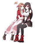  2girls absurdres aerith_gainsborough arm_guards arm_hug black_hair black_skirt bow breasts brown_hair crop_top cropped_jacket dress final_fantasy final_fantasy_vii final_fantasy_vii_remake fingerless_gloves gloves hair_bow highres jacket long_hair low-tied_long_hair multiple_girls pink_dress pleated_skirt red_jacket sitting skirt tank_top thigh-highs tifa_lockhart zonzonsh 