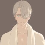  1boy blue_eyes brown_background male_focus sad silver_hair tears towel towel_around_neck upper_body viktor_nikiforov yuri!!!_on_ice yuuhei 