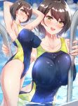  1girl ahoge armpits azur_lane baltimore_(azur_lane) blue_swimsuit blush braid breasts brown_eyes brown_hair collarbone competition_swimsuit covered_navel covered_nipples french_braid hato_haru large_breasts looking_at_viewer multiple_views one-piece_swimsuit open_mouth outdoors pool_ladder poolside shiny shiny_hair short_hair swimsuit wet wet_hair 