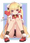  1girl :o ahoge ass azur_lane bangs bell black_legwear black_panties blonde_hair christmas commentary eldridge_(azur_lane) eldridge_(holy_night&#039;s_embrace)_(azur_lane) english_commentary english_text eyebrows_visible_through_hair facepaint gloves hair_ornament highres jingle_bell knees_together_feet_apart kouase long_hair looking_at_viewer merry_christmas navel open_mouth panties pigeon-toed red_eyes red_footwear red_gloves sitting socks solo star star_hair_ornament stomach thighs twintails underwear very_long_hair waving 