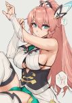  1girl ? bare_shoulders braid breasts commentary detached_sleeves dragalia_lost eyebrows_visible_through_hair green_eyes grey_background hair_ornament hands_up haoni high_ponytail highres knee_up large_breasts long_hair looking_at_viewer louise_(dragalia_lost) pink_hair ponytail pose sideboob simple_background sitting solo spoken_question_mark thigh-highs thighs underboob_cutout very_long_hair 