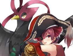  1girl anchor_symbol bangs bare_shoulders bicorne black_headwear black_jacket character_request crossover epaulettes eyebrows_visible_through_hair eyepatch gen_5_pokemon hair_between_eyes hair_ribbon hat heart hololive houshou_marine jacket konkito off_shoulder pokemon pokemon_(creature) red_eyes red_ribbon red_shirt redhead ribbon shirt sidelocks simple_background sleeveless sleeveless_shirt twintails unfezant upper_body virtual_youtuber white_background 