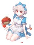  1girl apple apron bangs blue_bow blue_dress blue_footwear bow breasts commentary_request corb dress food fruit grey_hair hair_between_eyes highres kneeling large_breasts looking_at_viewer original puffy_short_sleeves puffy_sleeves ranobigi0820 red_eyes short_sleeves simple_background socks solo translation_request white_apron white_background white_legwear 