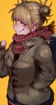  1girl absurdres bag bags_under_eyes bangs black_legwear blonde_hair blue_skirt boku_no_hero_academia clenched_hand coat densen_(itoguchi) double_bun evil_grin evil_smile fang grin hair_pulled_back hand_in_pocket highres looking_at_viewer messy_hair plaid plaid_scarf scarf short_hair skirt sleeves_past_wrists smile solo thigh-highs toga_himiko yellow_background yellow_eyes zettai_ryouiki 