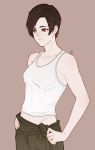  1girl ace_combat ace_combat_5 bare_shoulders belly_peek black_hair breasts brown_eyes collarbone downscaled hands_on_hips kei_nagase md5_mismatch medium_breasts pants pilot resized short_hair signature skyleranderton tank_top 