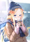  1girl abigail_williams_(fate/grand_order) bag bangs beanie bicycle black_bow black_headwear blue_scarf blurry blurry_background blush bow breath brown_jacket coffee_cup commentary_request crossed_bandaids cup depth_of_field disposable_cup fate/grand_order fate_(series) fringe_trim ground_vehicle hair_bow hat highres holding holding_cup jacket kachayori long_hair long_sleeves looking_at_viewer orange_bow parted_bangs parted_lips pink_sweater plaid plaid_scarf polka_dot polka_dot_scarf scarf school_bag sidelocks sleeves_past_wrists solo sweater upper_body very_long_hair 