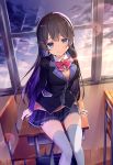  1girl bag black_hair blue_eyes blush classroom closed_mouth desk dusk hair_ornament hairclip highres long_hair looking_at_viewer nijisanji on_desk saku_saku_03 school school_uniform sitting sitting_on_desk skirt smile solo thigh-highs tsukino_mito white_legwear window 