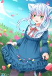  1girl :d animal_ears artist_name blue_dress blue_sky blush cat_ears clouds dated day dress flower frills green_eyes hair_ribbon highres long_sleeves michiru_donut open_mouth original outdoors pantyhose petals pink_ribbon red_ribbon ribbon sidelocks silver_hair skirt_hold sky smile solo standing twintails white_hair 