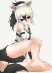  1girl :/ aardwolf_(kemono_friends) aardwolf_ears aardwolf_print aardwolf_tail absurdres animal_ears animal_print arm_support bare_legs bare_shoulders barefoot black_eyes black_hair black_neckwear black_shorts breast_pocket closed_mouth collared_shirt deku_suke elbow_gloves extra_ears eyebrows_visible_through_hair feet furrowed_eyebrows gloves grey_hair hair_between_eyes head_tilt high_ponytail highres kemono_friends knee_up leaning_to_the_side long_hair looking_at_viewer multicolored_hair necktie pocket ponytail print_gloves print_shirt shirt shorts sidelocks sitting sleeveless sleeveless_shirt soles solo tail toenail_polish toenails toes two-tone_hair wing_collar 