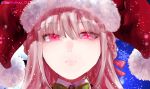  1girl fate/grand_order fate_(series) florence_nightingale_(fate/grand_order) florence_nightingale_santa_(fate/grand_order) hat highres long_hair pink_eyes pink_hair portrait santa_hat snow snowflakes sugomori_tsuru_(artist) twitter_username 