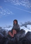  1girl black_eyes black_hair black_legwear blue_sky closed_mouth clouds condensation_trail grey_jacket hands_in_pockets highres jacket long_hair original outdoors shoes shorts sitting sky smile sneakers socks solo tetrapod window1228 