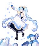  1girl :d absurdres arm_up bag bangs black_bow black_legwear blcackup blue_bow blue_hair blunt_bangs boots bow brown_footwear christmas dress full_body gift hair_bow handbag hatsune_miku highres huge_filesize jpeg_artifacts long_hair long_sleeves looking_at_viewer open_mouth simple_background smile snowflakes solo standing twintails vocaloid white_background white_dress 