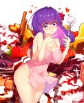 1girl apron blush breasts cherry chocolate commentary_request cream cream_on_face fate/stay_night fate_(series) finger_licking food food_background food_on_body food_on_face fruit hair_ribbon highres large_breasts licking long_hair looking_at_viewer matou_sakura naked_apron no_bra no_panties nose_blush pink_apron purple_hair red_ribbon ribbon sideboob solo strawberry tongue tongue_out twitter_username type-moon valentine violet_eyes yuruto