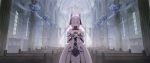  1girl armor bangs bare_shoulders blush breasts church detached_collar dress elbow_gloves facing_viewer gloves hair_between_eyes hands_together headgear high_collar highres indoors j_junz liv_(punishing:_gray_raven) medium_breasts punishing:_gray_raven sidelocks silver_hair solo standing veil white_dress 