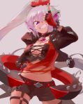  1girl absurdres alternate_hairstyle belt black_choker black_jacket black_shirt black_shorts breasts chain choker cowboy_shot crop_top grey_background grin hand_on_hip headgear highres jacket jewelry medium_breasts midriff navel pendant pointing pointing_up ponytail red_belt red_shirt senki_zesshou_symphogear shirt short_shorts shorts simple_background smile smirk solo suterareta_bike thigh_strap torn_clothes torn_shirt v-shaped_eyebrows violet_eyes yukine_chris 