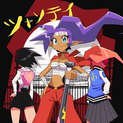  3girls :&lt; absurdres back-to-back banchou bandaid bandaid_on_nose black_choker black_hair blue_eyes breasts cape choker commentary company_connection crossover dark_skin delinquent english_commentary eyelashes gyaru hachimaki hair_ornament headband highres holding_baseball_bat jacket jewelry kunio-kun_series kyoko_(kunio-kun) letterman_jacket long_hair misako_(kunio-kun) mouth_hold multiple_girls navel pants pendant pink_backpack pink_hair pleated_skirt pointy_ears ponytail potterzilla purple_hair red_cape river_city_girls sarashi shantae_(character) shantae_(series) shorts skirt small_breasts straw_(stalk) wayforward wind x_hair_ornament 