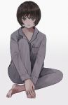  1girl absurdres barefoot blue_eyes brown_hair commentary eyebrows_visible_through_hair fang highres leg_up looking_at_viewer maoyasumisumi open_mouth original pajamas short_hair simple_background sitting solo 