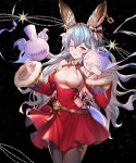  1girl ;d animal_ears bare_shoulders black_background black_legwear blue_hair blush bow christmas curly_hair detached_sleeves dress erune ferry_(granblue_fantasy) fur-trimmed_sleeves fur_trim ghost granblue_fantasy hair_between_eyes hair_bow highres jewelry long_hair long_sleeves ohihil one_eye_closed open_mouth red_dress sideless_outfit single_earring smile solo star starry_background underboob_cutout very_long_hair wide_sleeves yellow_eyes 