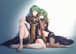  1boy 1girl aequorine barefoot braid byleth_(fire_emblem) byleth_eisner_(female) byleth_eisner_(male) cosplay dress fire_emblem fire_emblem:_three_houses green_eyes green_hair hair_ornament medium_hair parted_lips short_hair single_braid sitting sothis_(fire_emblem) sothis_(fire_emblem)_(cosplay) tiara twin_braids twitter_username 